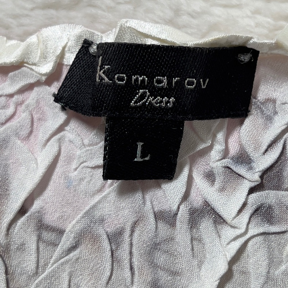 Komarov Satin Crinkle Mesh Lace V-Neck Dress Women Sz L Cream Floral Cap Sleeve - Picture 5 of 9